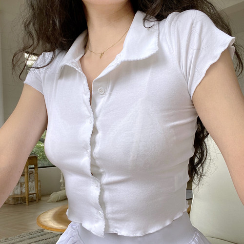 欧美简约短袖花边短袖T恤女