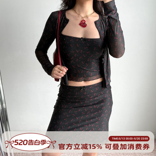 Go Girl Go 自制欧美风复古樱桃吊带开衫半身裙套装女时尚三件套