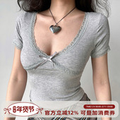 短上衣 T恤女修身 Girl Go自制欧美性感蕾丝花边低胸v领螺纹短袖