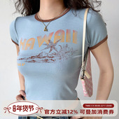 Girl 撞色印花圆领短袖 美式 复古修身 款 T恤女短款 辣妹上衣