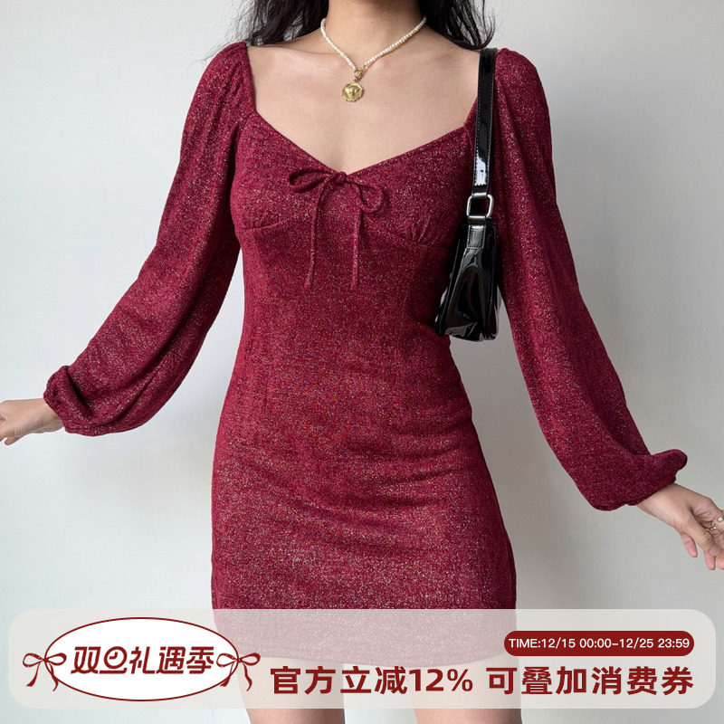 Go Girl Go 圣诞限定/自制复古欧美风细闪红色连衣裙女灯笼袖短裙