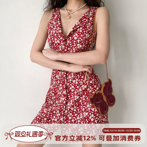 复古欧美v领无袖连衣裙夏季短裙