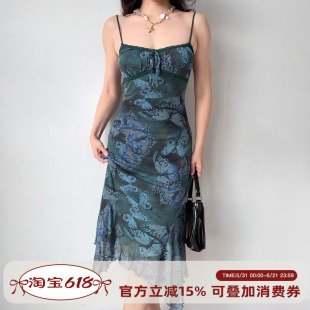 Go Girl Go 自制复古欧美蝴蝶印花修身吊带裙中长款不规则连衣裙