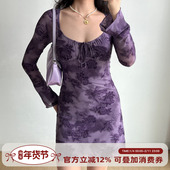 裙子 连衣裙女修身 Girl 自制复古欧美风植绒提花紫色长袖