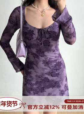 Go Girl Go 自制复古欧美风植绒提花紫色长袖连衣裙女修身裙子