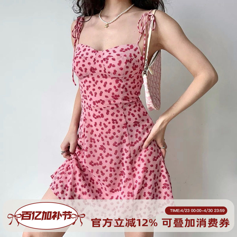 Go Girl Go欧美风甜辣粉色碎花吊带裙女夏肩部绑带连衣裙a字短裙