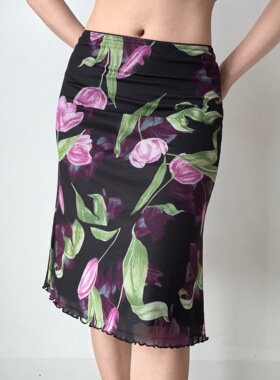 Go Girl Go 自制欧美风复古花卉大印花鱼尾半身裙女夏a字花边短裙