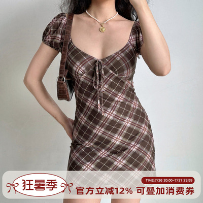 Go Girl Go 自制美式复古泡泡袖格纹连衣裙女夏季修身A字短裙辣妹