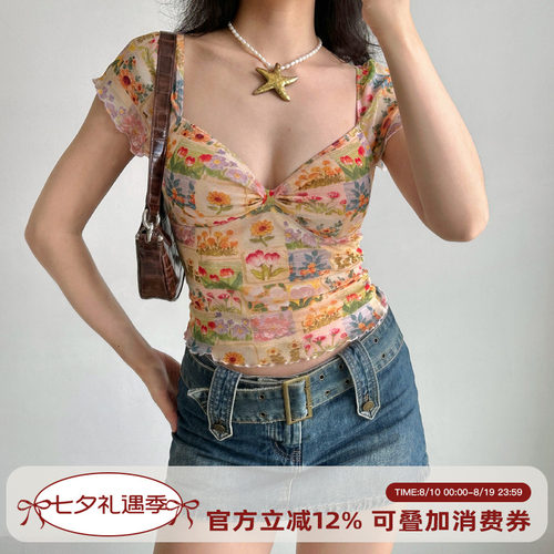 Go Girl Go自制欧美风油画花卉印花v领T恤女夏季花边网纱短袖上衣