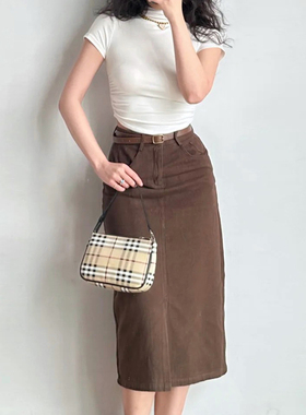 Go Girl Go 美式复古前开叉高腰显瘦直筒牛仔半身裙女中长款