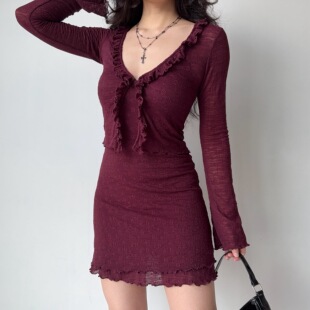 Go Girl Go 自制复古欧美风木耳边开衫吊带连衣裙两件套女秋季