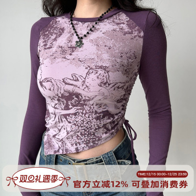 Go Girl Go 自制欧美风不规则下摆印花长袖T恤女抽绳短款修身上衣