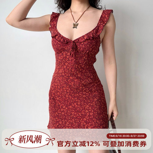 Go Girl Go 自制美式复古荷叶边印花红色吊带连衣裙女夏修身短裙