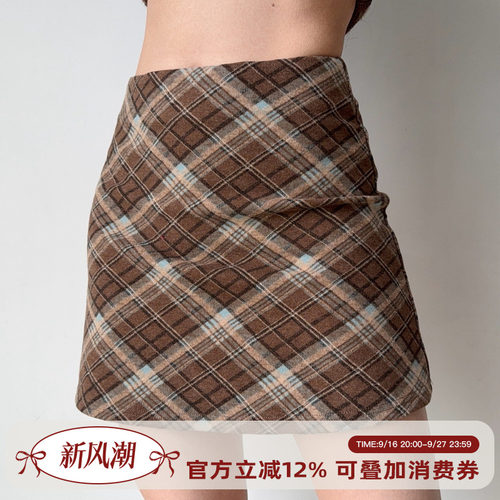 Go Girl Go 自制复古欧美风格纹半身裙短裙高腰a字裙女秋冬