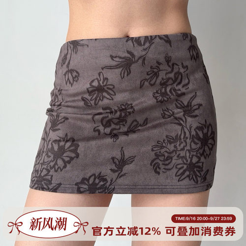 Go Girl Go 自制复古欧美仿麂皮印花半身裙女辣妹包臀短裙防走光