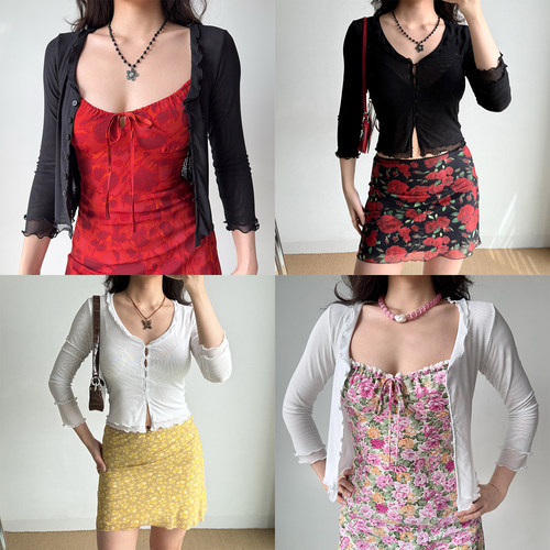 Go Girl Go 自制欧美风薄款外搭网纱开衫女夏季七分袖上衣配裙子