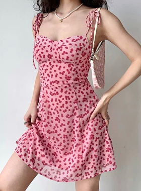 Go Girl Go欧美风甜辣粉色碎花吊带裙女夏肩部绑带连衣裙a字短裙