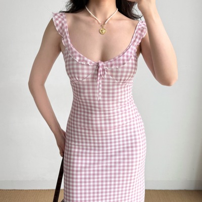 Go Girl Go 自制欧美风性感低胸粉色格子吊带长裙修身连衣裙女夏
