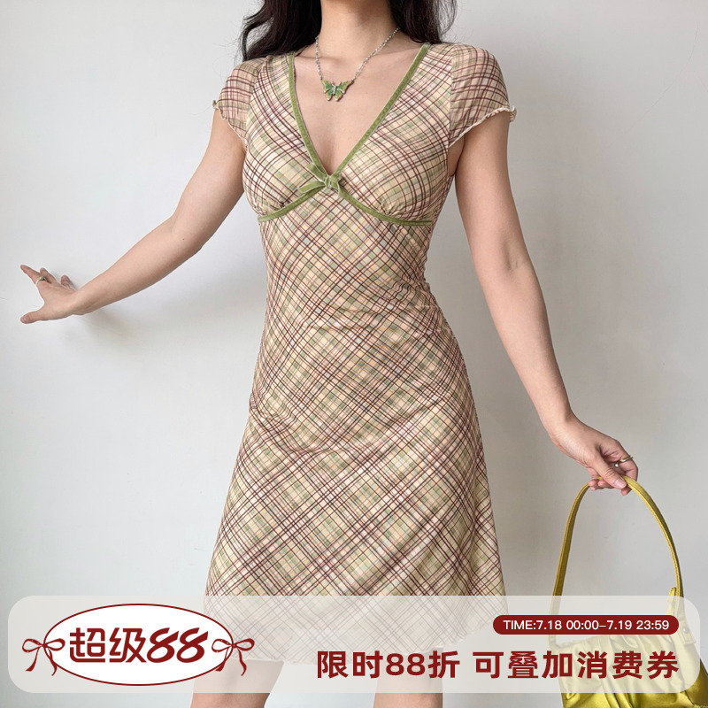 Go Girl Go 自制欧美风性感深v领短袖格纹连衣裙中长款a字裙女夏