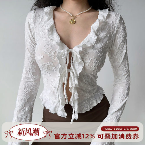 Go Girl Go 自制欧美风v领木耳花边绑带衬衫女修身长袖开衫短上衣