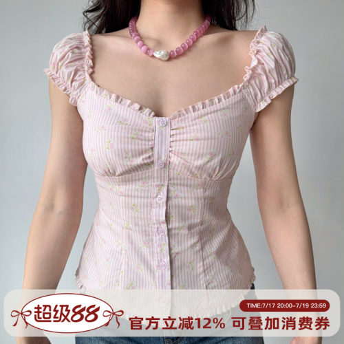GoGirlGo法式粉色泡泡袖上衣女
