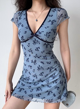 Go Girl Go自制欧美风复古深v碎花连衣裙女收腰修身显瘦a字裙短裙