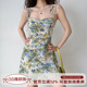 复古肩部绑带印花吊带裙女夏修身 法式 收腰a字海边短裙 Girl