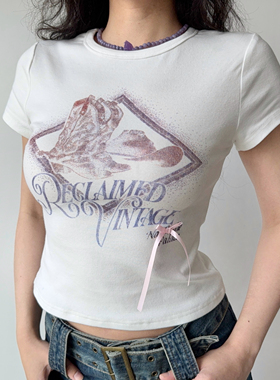 Go Girl Go 自制欧美风印花白色圆领短袖T恤女夏正肩修身上衣