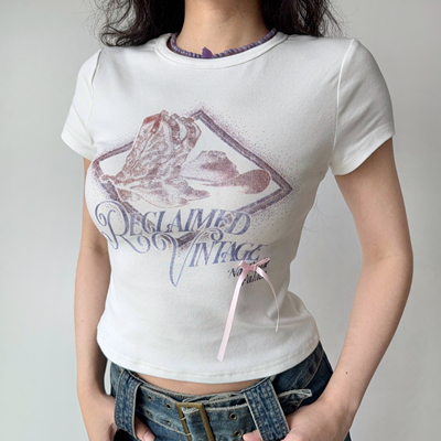 Go Girl Go 自制欧美风印花白色圆领短袖T恤女夏正肩修身上衣