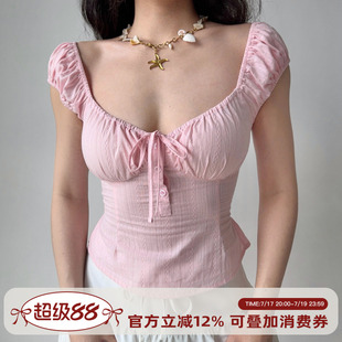 Go Girl Go 自制法式甜辣风性感低胸粉色泡泡袖衬衫女夏修身上衣