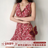 Girl 复古欧美风修身 单排扣V领无袖 连衣裙女夏季 短裙