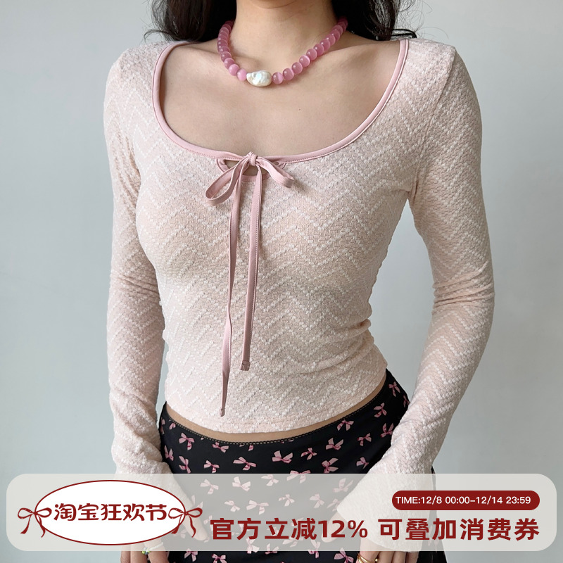 Go Girl Go 自制芭蕾风蝴蝶结U领长袖系带T恤女修身短款上衣