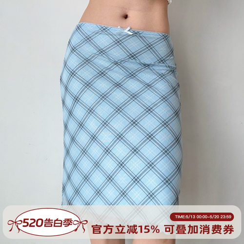 Go Girl Go 自制欧美风蓝色格子网纱半身裙女夏季松紧腰包臀裙子