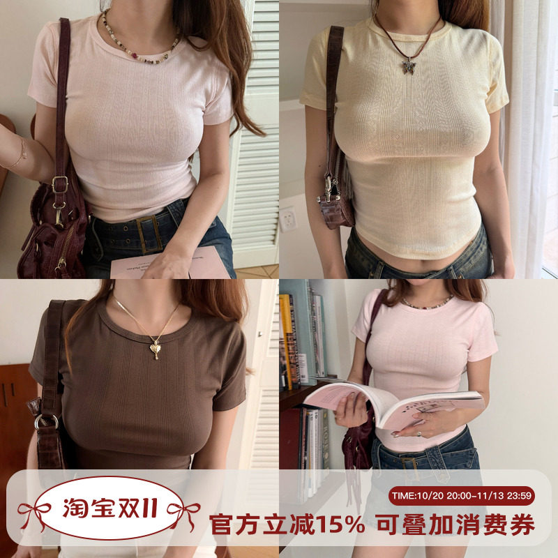 Go Girl Go 简约欧美风圆领正肩短袖T恤女夏季修身显瘦短款上衣