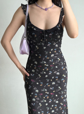 Go Girl Go 自制美式复古性感低胸碎花黑色连衣裙长裙女夏度假裙