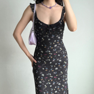 复古性感低胸碎花黑色连衣裙长裙女夏度假裙 自制美式 Girl