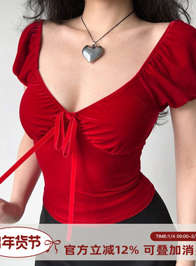 Go Girl Go自制欧美风红色丝绒v领短袖T恤女泡泡袖修身辣妹短上衣