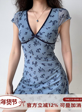 Go Girl Go自制欧美风复古深v碎花连衣裙女收腰修身显瘦a字裙短裙