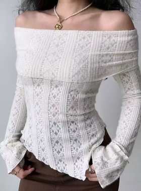 Go Girl Go 自制欧美风提花镂空一字肩针织长袖T恤女修身辣妹上衣