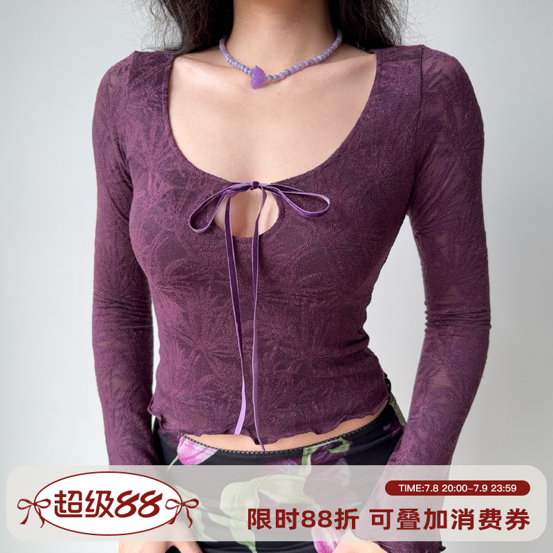 Go Girl Go 自制美式复古提花系带长袖上衣女性感修身U领T恤
