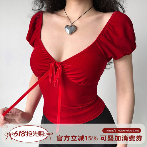 Go Girl Go自制欧美风红色丝绒v领短袖T恤女泡泡袖修身辣妹短上衣