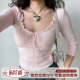 七分袖 自制芭蕾风蝴蝶结低胸圆领华夫格T恤女修身 上衣 Girl