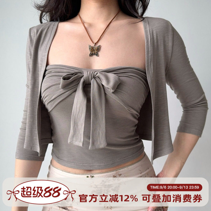 Go Girl Go 自制复古欧美风绑带抹胸开衫两件套上衣女夏季短款图片
