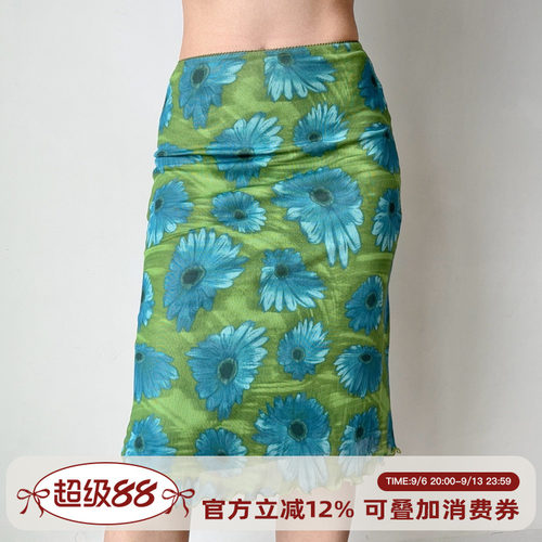 Go Girl Go 自制美式复古撞色印花网纱包臀半身裙女夏季修身裙子