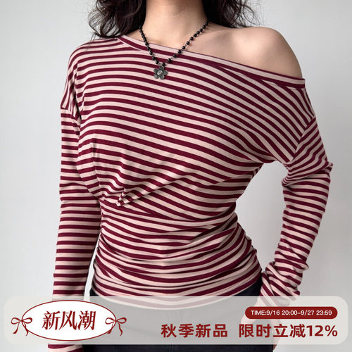 Go Girl Go 自制欧美风性感斜领露肩条纹T恤女秋收腰显瘦长袖上衣
