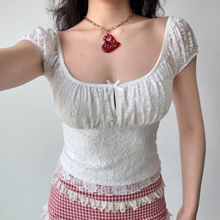 Go Girl Go 自制欧美风U领短袖白色蕾丝T恤女夏季修身短款上衣
