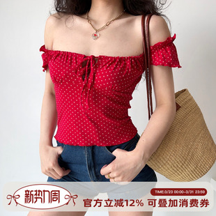 短款 自制欧美风性感一字肩系带T恤女木耳边修身 上衣 Girl