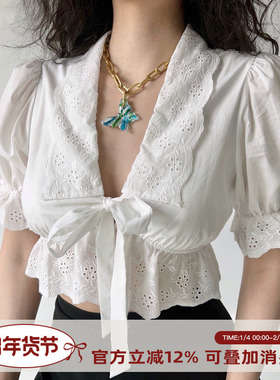Go Girl Go 自制法式宫廷风泡泡袖刺绣绑带白色衬衫女短款上衣