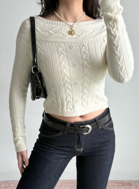 Go Girl Go 法式性感一字肩麻花针织衫女修身显瘦短款毛衣