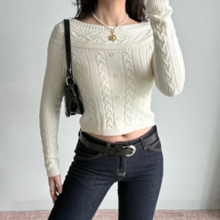 Girl 显瘦短款 法式 女修身 毛衣 性感一字肩麻花针织衫